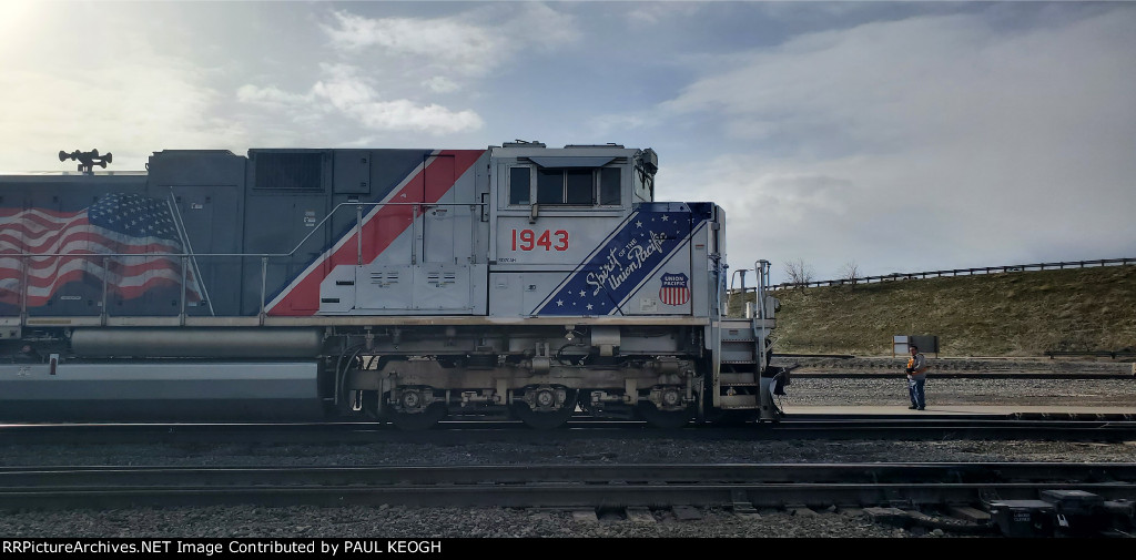 Side Shot of UP 1943 The World War II UP Heritage SD-70ACe Locomotive  as She Enters The UP North Ogden Yard as The 3rd Motor on A Light Power Consists.